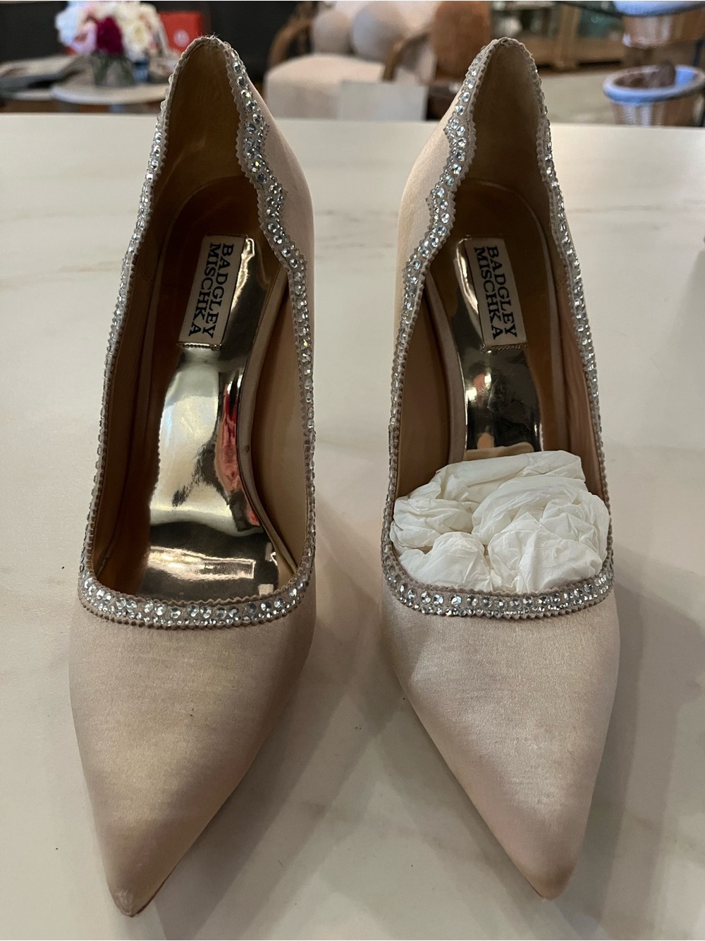 Badgley Mischka Blush Satin Pointed-Toe Crystal-Trim Pumps